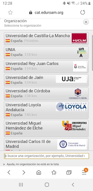 Pantalla de android para la elección de universidad en la web de eduroamCAT