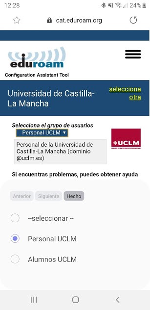 Pantalla de android para la elección de colectivo en eduroamCAT UCLM