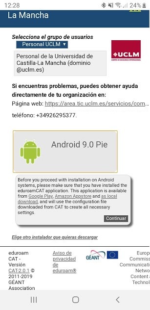 Pantalla android para la instalación de eduroamCAT UCLM