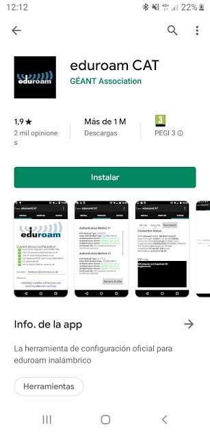 Pantalla de la APP eduroam CAT en la Play Store de Android