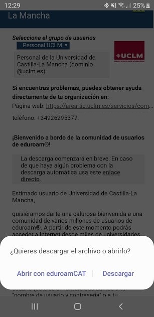 Pantalla de instalación del perfil de eduroamCAT UCLM