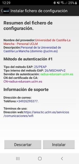 Pantalla de instalación del perfil para eduroamCAT UCLM