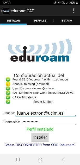 Pantalla android de configuración actual de eduroamCAT UCLM