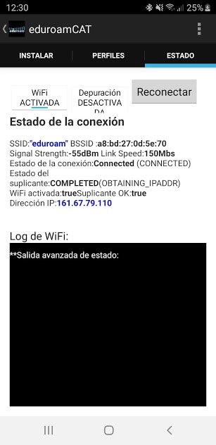 Pantalla android del estado de la conexión de eduroam