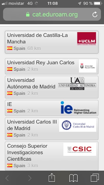 Pantalla iOS de elección de proveedor de la web de eduroamCAT