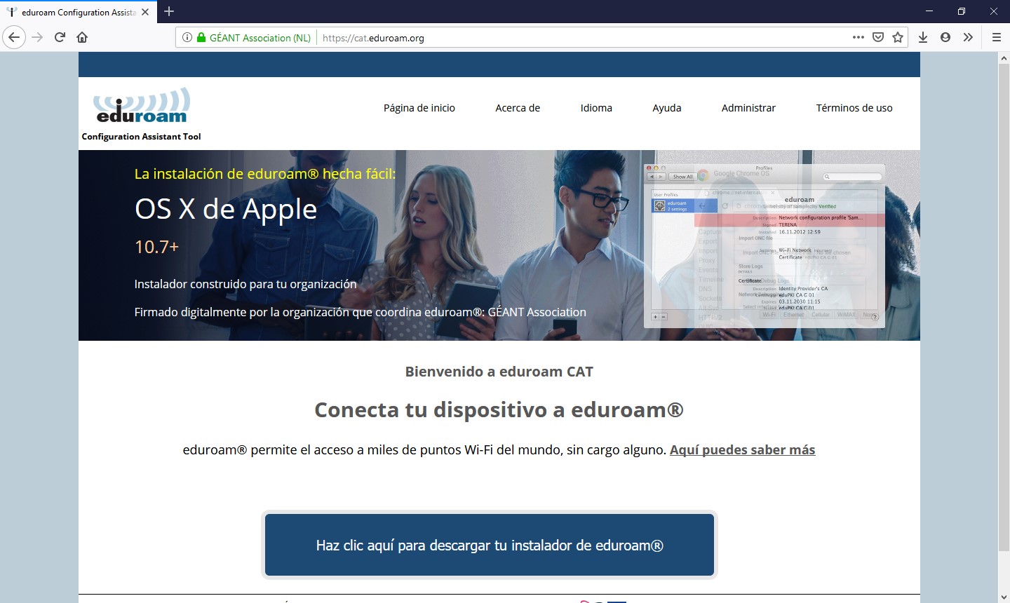 Pantalla de inicio de la web de eduroamCAT