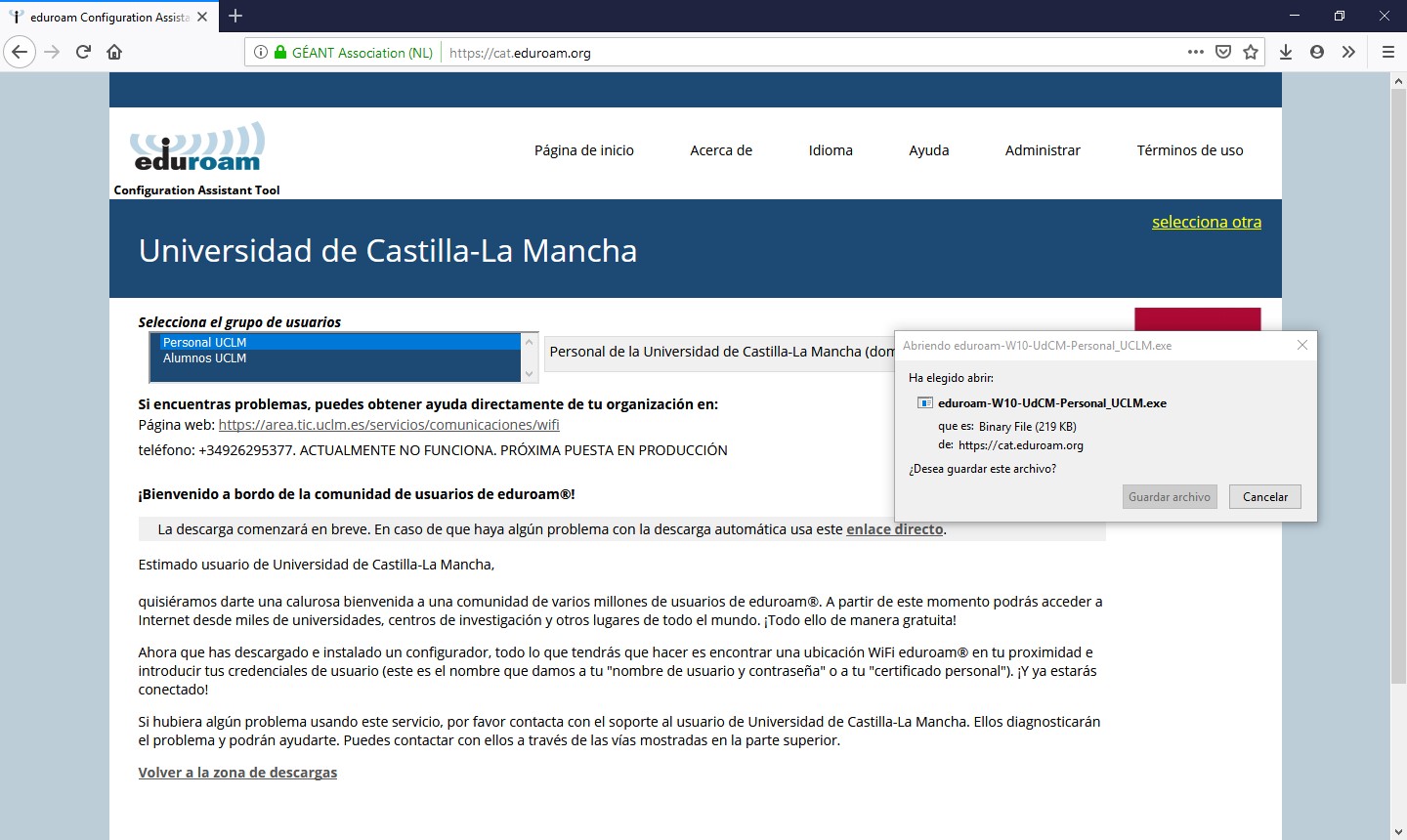 Pantalla para guardar instalador de eduroamCAT UCLM