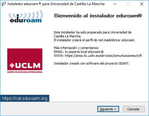 Pantalla de bienvenida al instalador de eduroamCAT UCLM