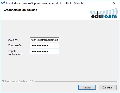 Pantalla de petición de credenciales de eduroamCAT UCLM