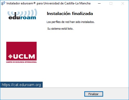 Pantalla de finalización de instalación de eduroamCAT UCLM