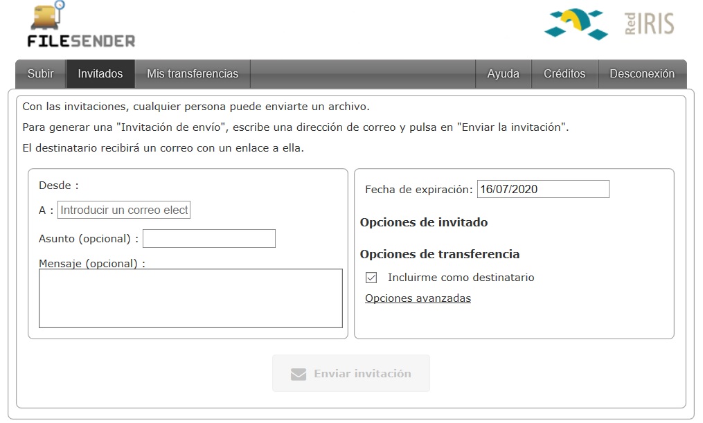 Opción invitar a un externo a la UCLM al servicio FileSender de RedIRIS