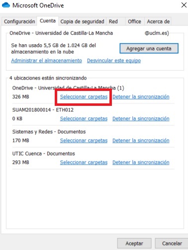 Seleccionar carpetas para sincronizar