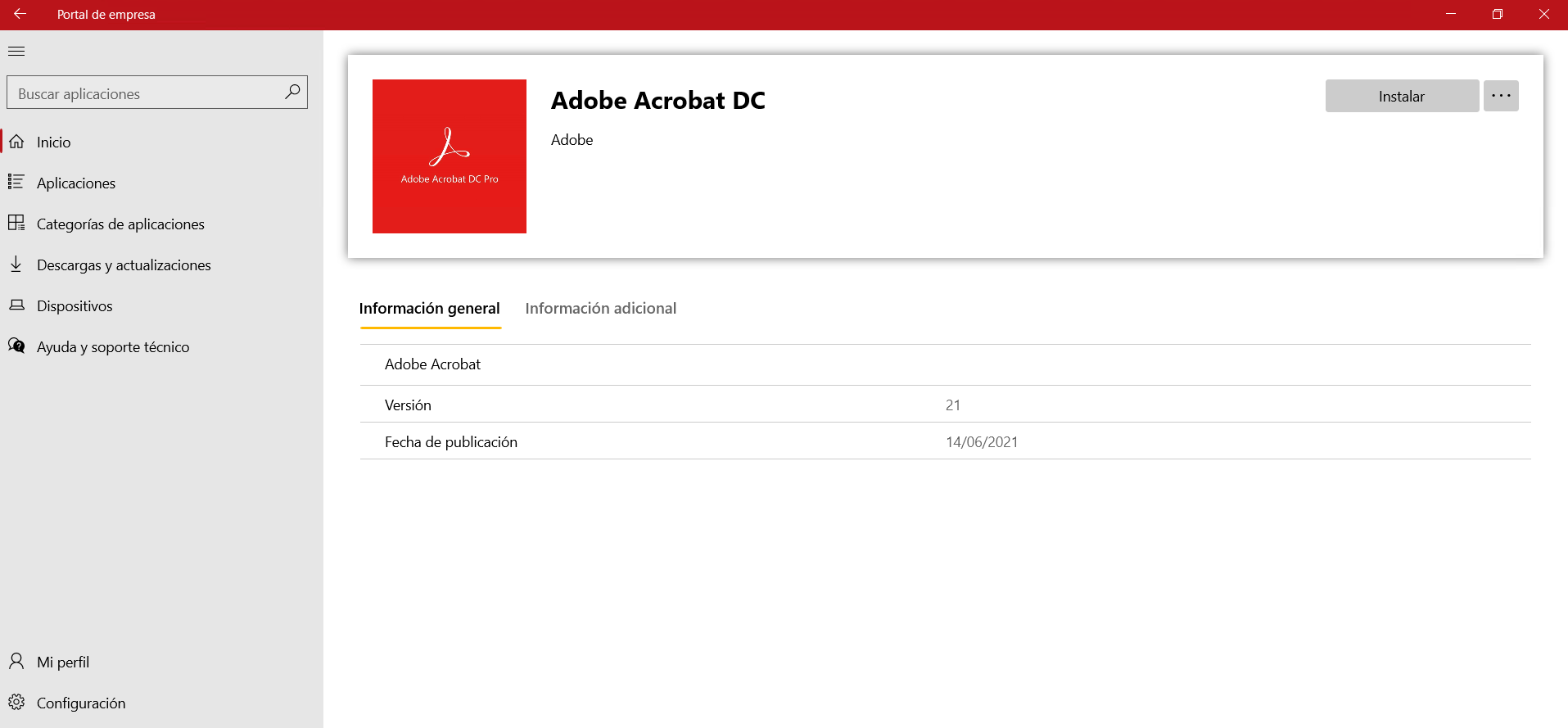 Pantalla del Portal de Empresa: Ficha de Acrobat DC