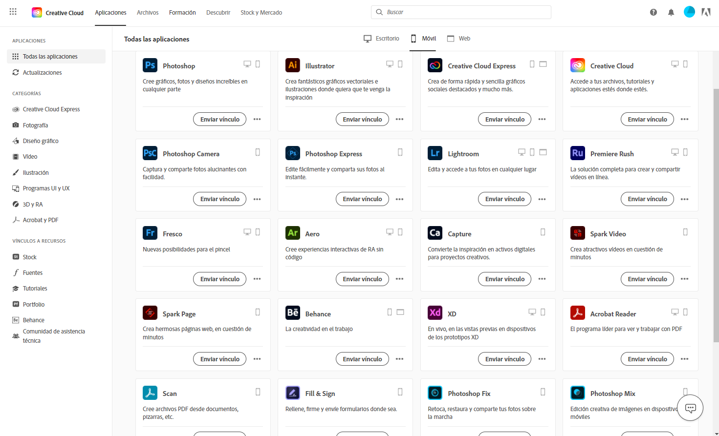 Página aplicaciones móviles de Adobe Creative Cloud