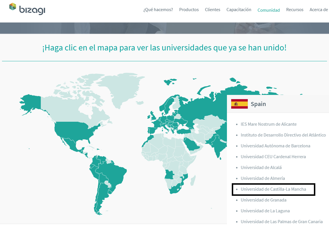 Mapa distribución mundial de Academia BIZAGI