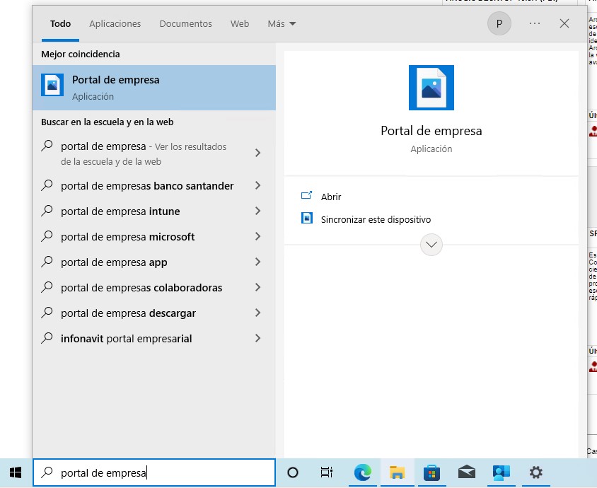 Captura de pantalla de inicio de Windows con el Portal de empresa