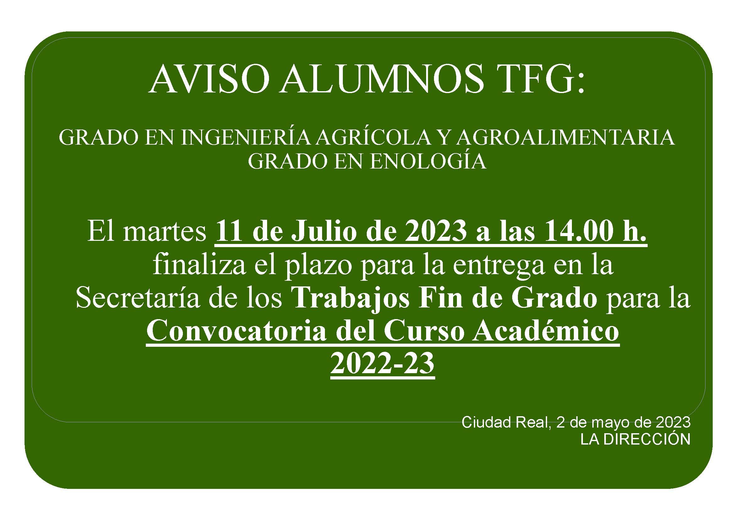 Fecha máxima de entrega de TFG