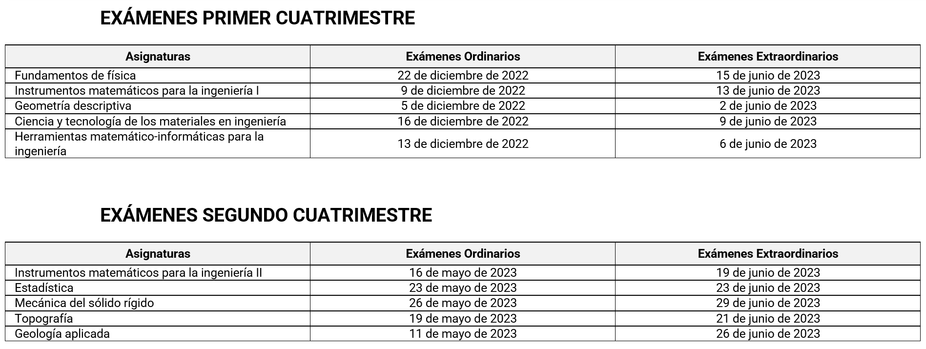 Calendarios de exámenes de 1º de grado.