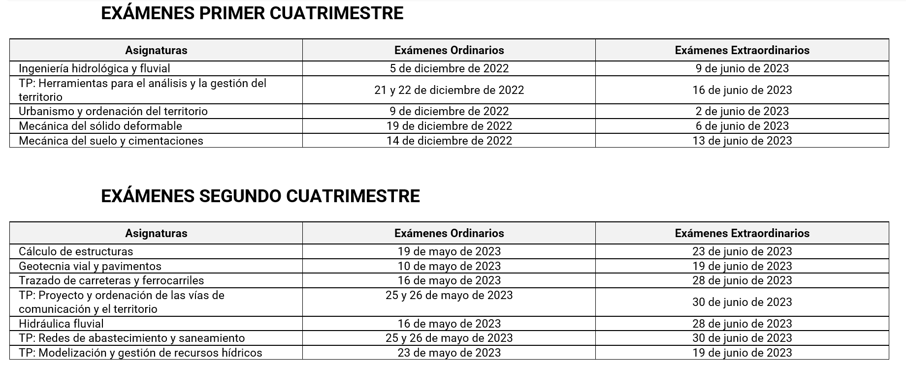 Calendarios de exámenes de 3º de grado.