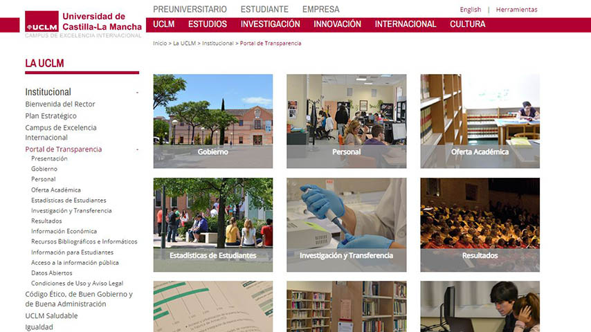 Primer nivel de navegación del Portal de Transparencia de la UCLM