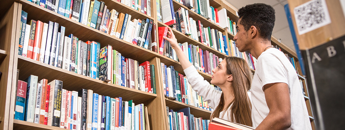 Dos estudiantes cogen un libro de la biblioteca