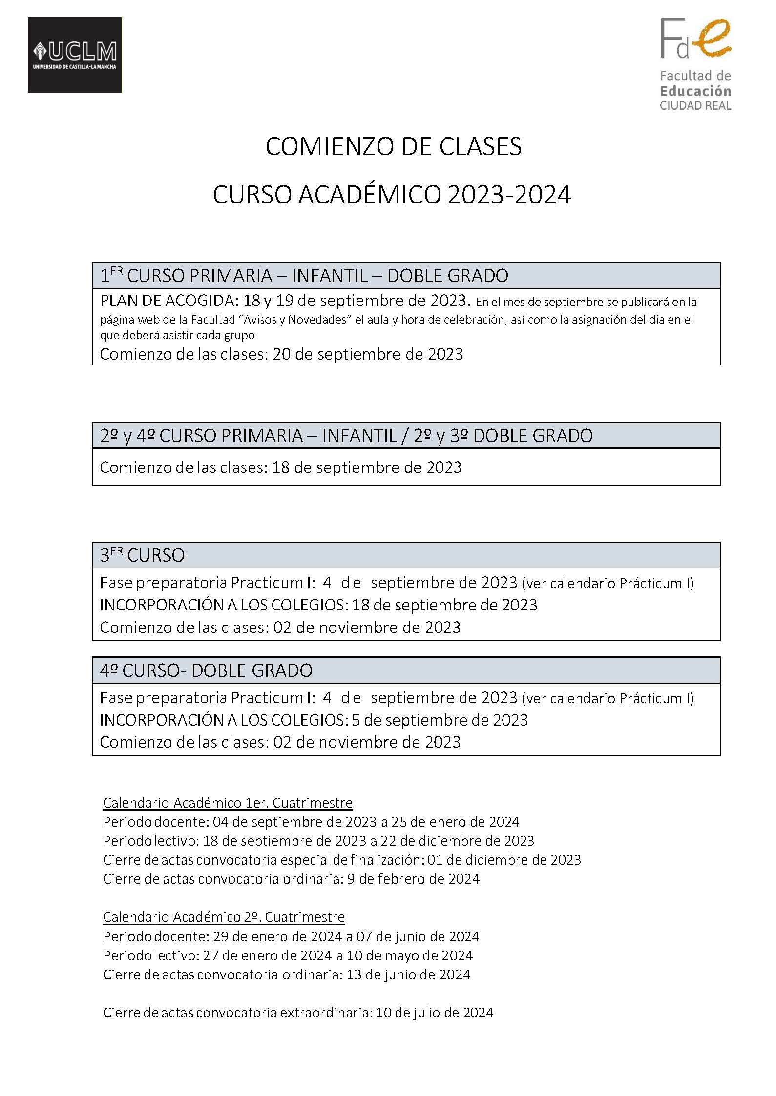 Fechas con los días de inicio de curso p