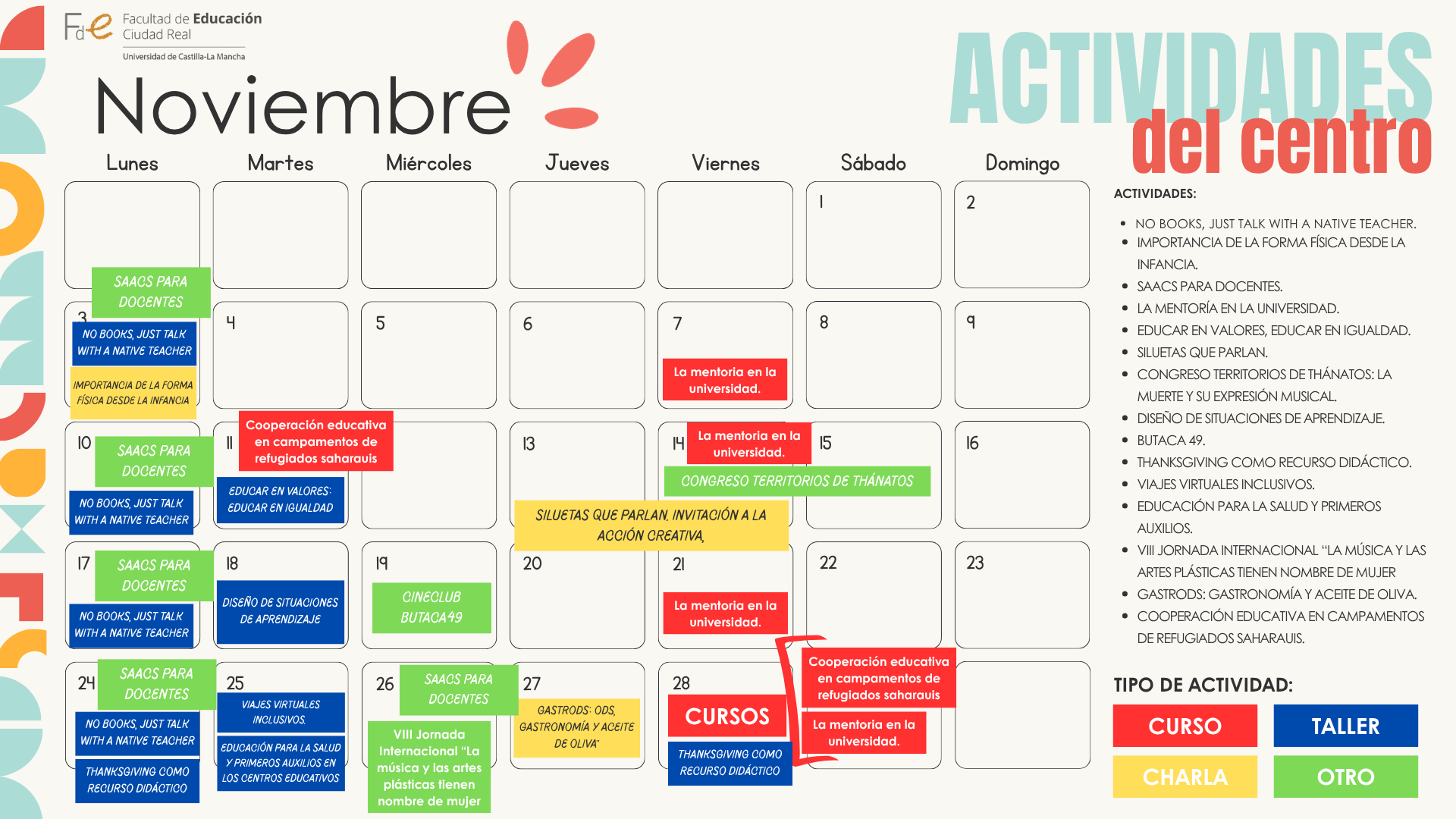 CALENDARIO CON LAS ACTIVIDADES DEL MES D