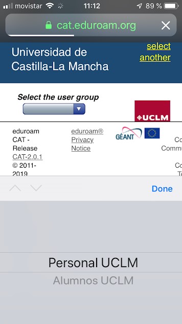 Pantalla iOS de selección de colectivo en eduroamCAT UCLM