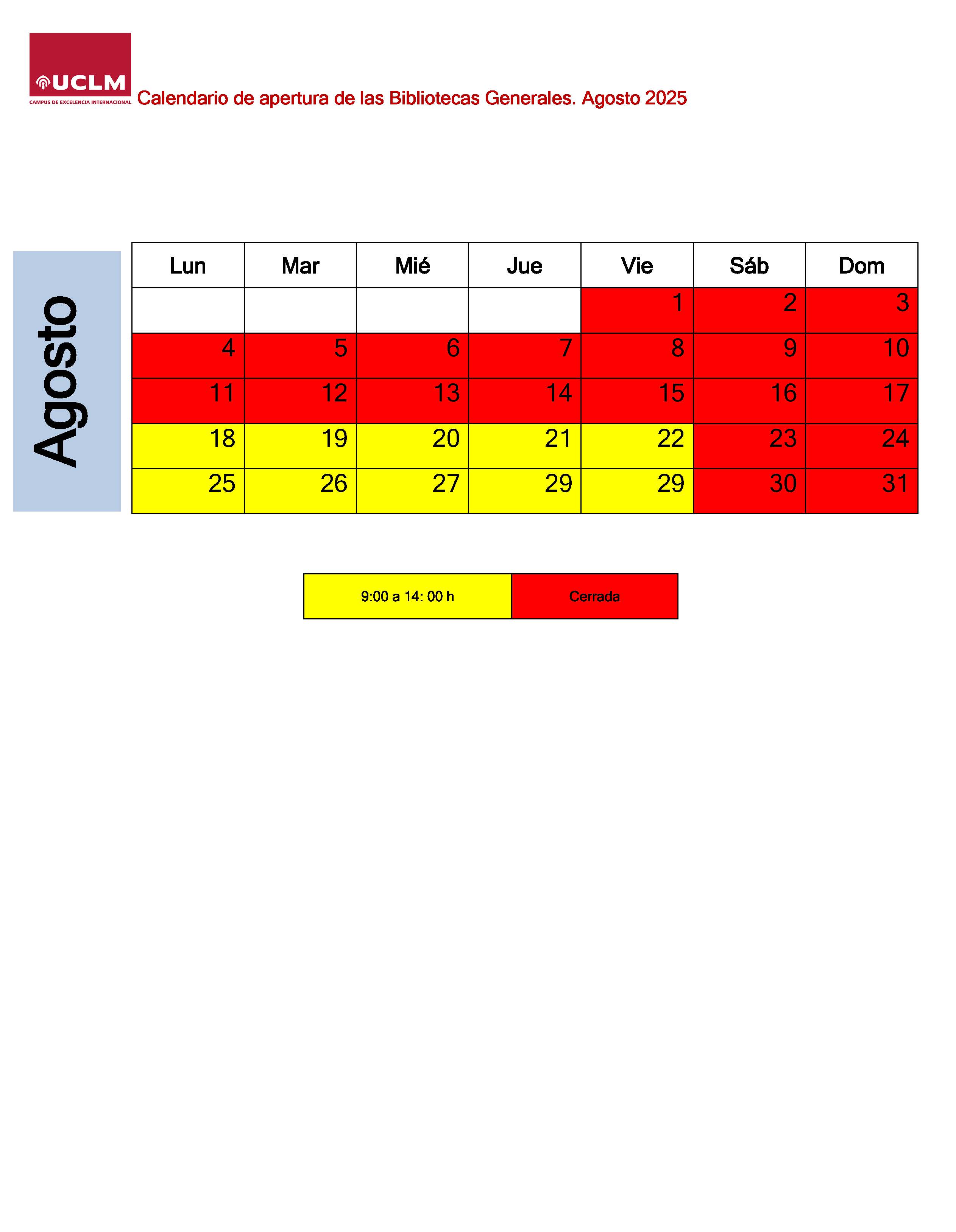 Calendario de agosto bibliotecas generales UCLM