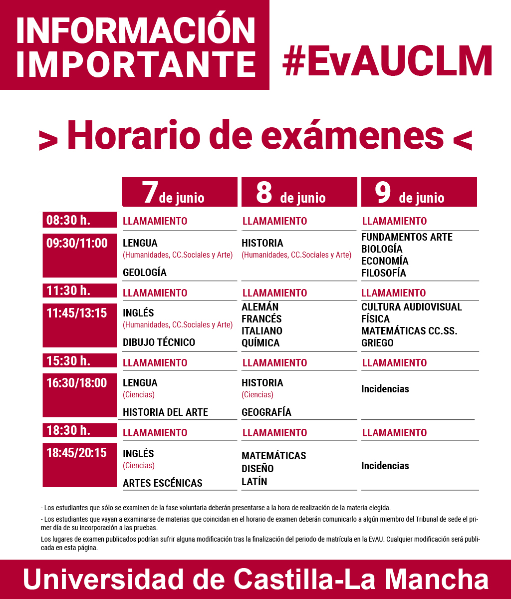 Horarios exámenes EvAU 2021